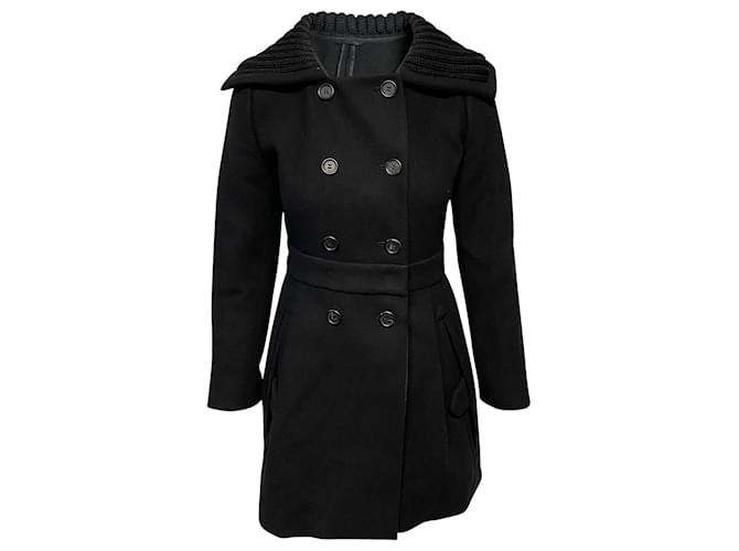 Prada Double Breasted Pea Coat with Knitted Collar in Black Virgin Wool  ref.413861