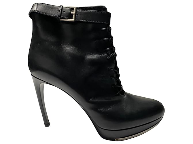Alexander McQueen Curved Heel Platform Ankle Boots in Black Leather  ref.413862
