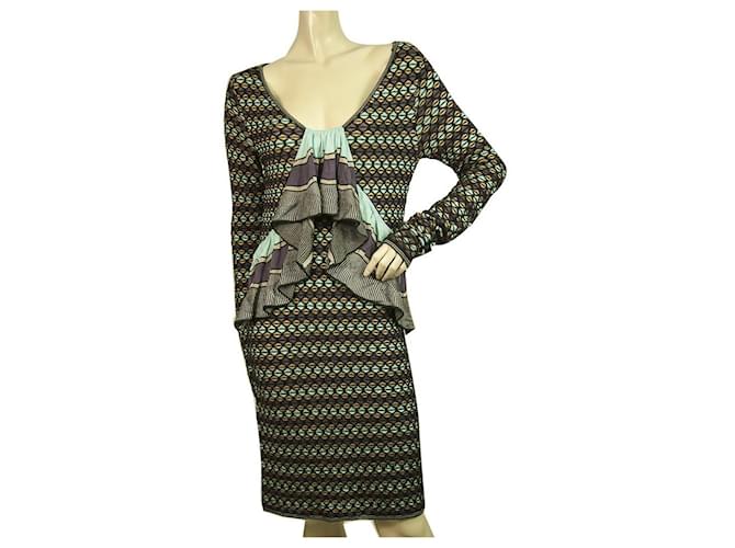 M Missoni Black & Multicolor Knitted Long Sleeve Ruffle knee length dress 42 It Multiple colors Viscose  ref.414026