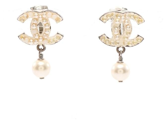 [Used] CHANEL Coco Mark Earrings Fake Pearl White Silver 03A Silvery Metal  ref.414039