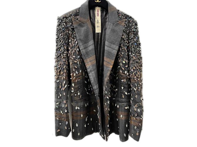 Kenzo Parade Embroidered Wool Jacket Brown Grey S