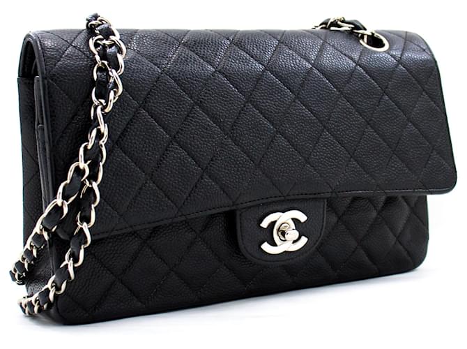Chanel 2.55 Borsa a tracolla a catena media con patta e caviale foderata nera Nero Pelle  ref.414199