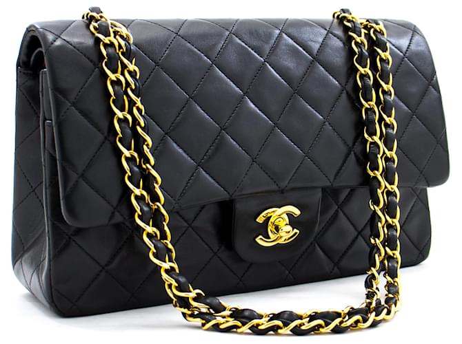 Chanel 2.55 gefütterte Klappe 10"Chain Shoulder Bag Black Lambskin Schwarz Leder  ref.414202