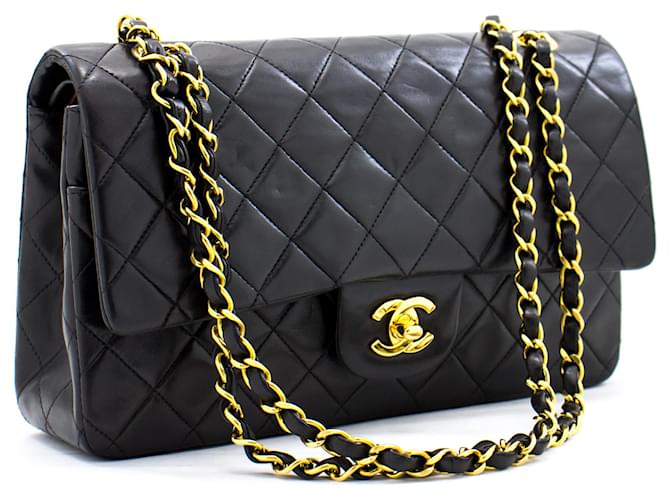 Chanel 2.55 gefütterte Klappe 10"Chain Shoulder Bag Black Lambskin Schwarz Leder  ref.414203