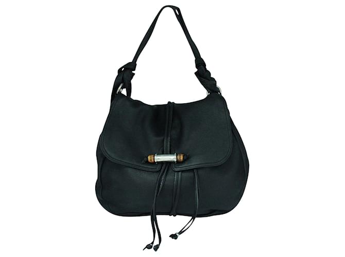 Gucci Große Hobo-Tasche aus strukturiertem Leder aus Bambus Schwarz  ref.414359