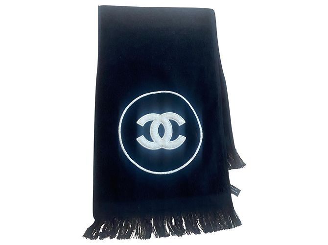 Chanel Bufandas Negro Blanco Algodón