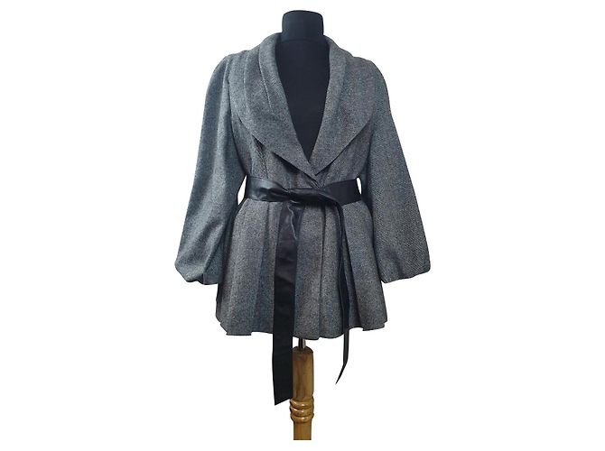 Veste Blazer Jaeger en Laine Grise avec Ceinture Simili Cuir Noir