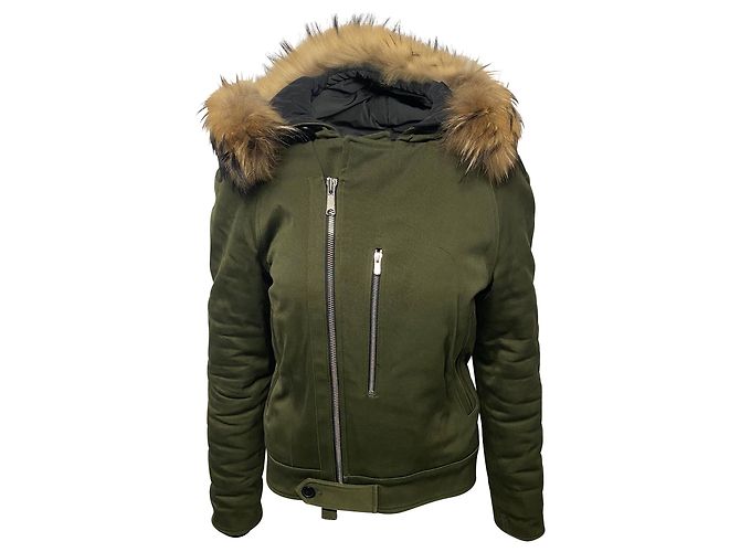 Sandro Paris Fur Trim Hooded Parka in Green Cotton