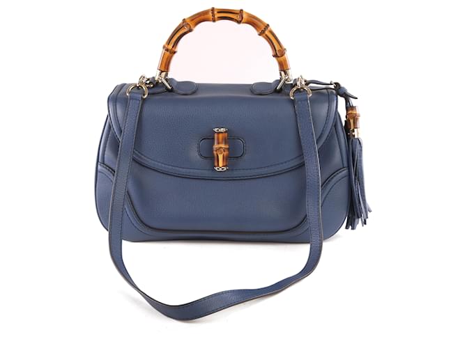 Gucci Navy Blue Leather Large New Bamboo Tassel Top Handle Bag Blu navy Pelle  ref.415501