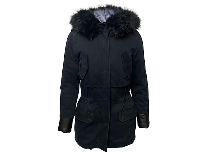 Maje Long Down Jacket with Fur Trim Hoodie in Blue Nylon Polyamide  ref.415502