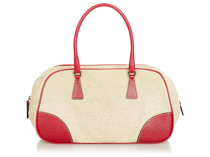 Prada Brown Canapa Bauletto Handbag Red Beige Leather Cloth Pony-style calfskin Cloth  ref.415644