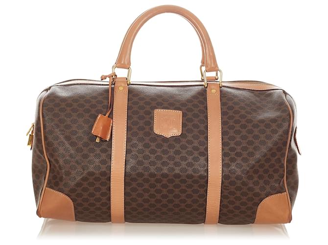 Céline Celine Brown Macadam Boston Bag Marrone Marrone chiaro Pelle Plastica Vitello simile a un vitello  ref.415804