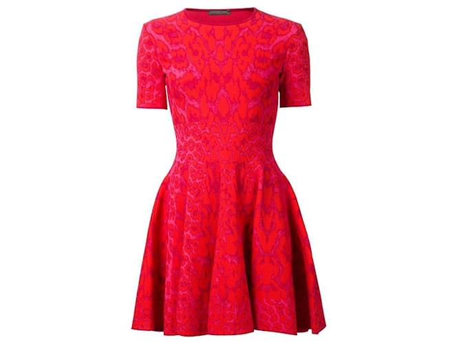 Alexander McQueen Pink and Red Leopard Print Skater Dress Polyester Viscose Elastane Polyamide  ref.416777