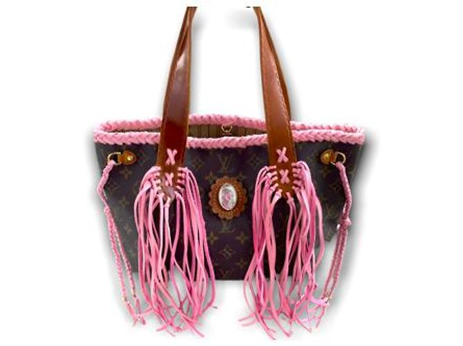 Louis Vuitton Neverfull SM Bolsa Rosa e Castanho Escuro de Couro