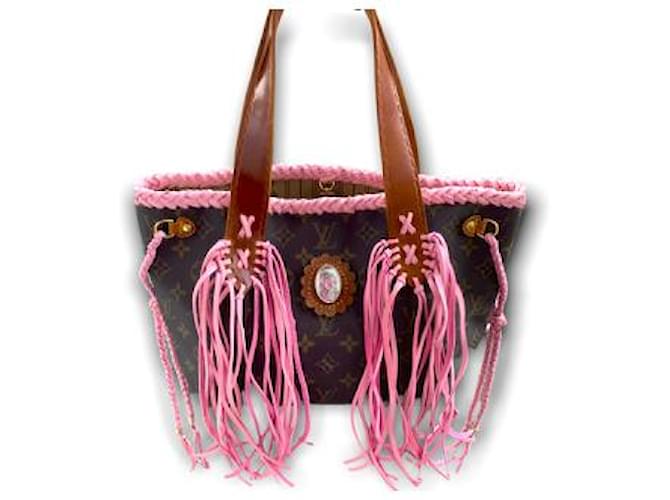 Louis Vuitton Neverfull SM Pink Dark brown Leather Cloth  ref.416808