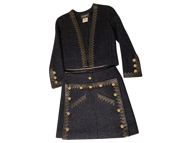 Chanel Skirt suit Black Golden Navy blue Tweed  ref.416815