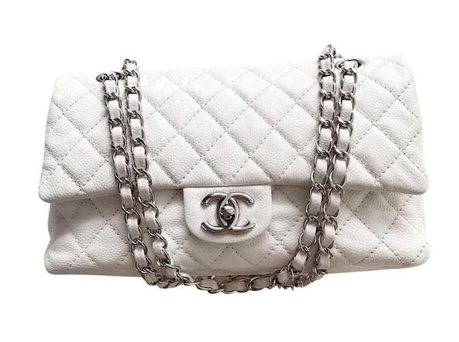 A WHITE CAVIAR LEATHER MEDIUM DOUBLE FLAP BAG WITH SILVER HARDWARE