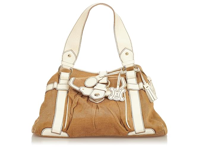 Céline Celine Brown Canvas Handbag Marrone Bianco Pelle Tela Vitello simile a un vitello Panno  ref.417209