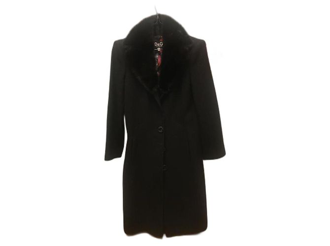 Dolce & Gabbana Casaco de lã preta com gola de vison preta Preto