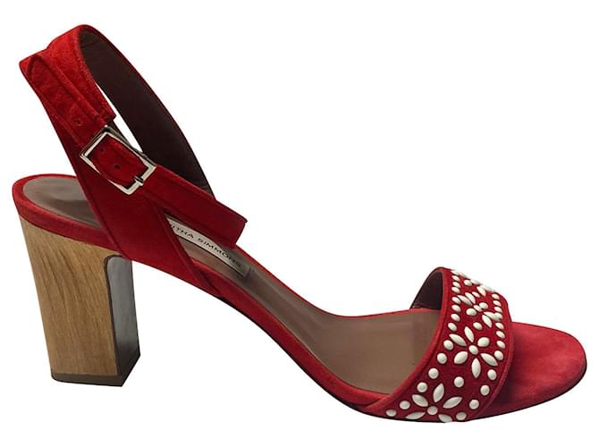 Tabitha Simmons Gia Bead Embellished Sandals in Red Suede  ref.417594
