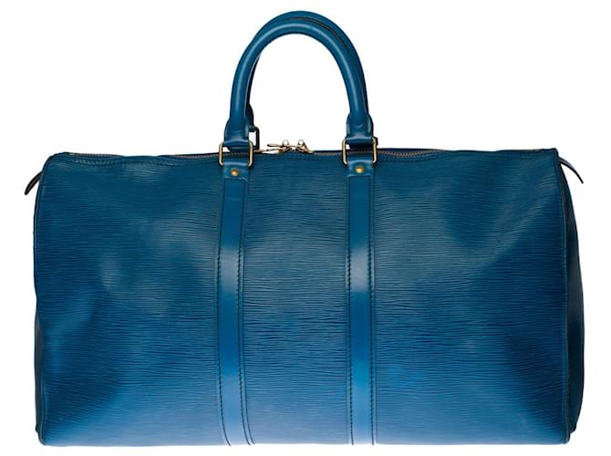 A mala de viagem "Keepall" espaçosa da Louis Vuitton 45cm em couro epi azul cobalto  ref.417872