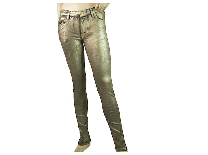 Reiko Alanis Metallic Silver Pants Elastische Skinny Hose Größe 26 Silber Baumwolle Polyester Lycra  ref.418023