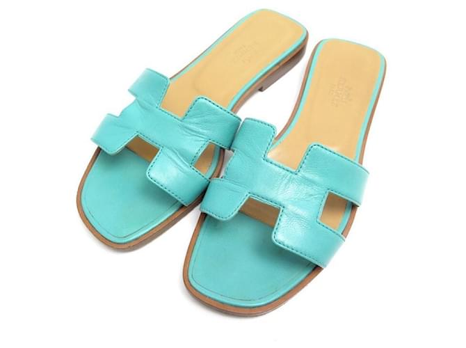 Hermès HERMES SANDALS MULES ORAN 36 TURQUOISE LAGOON LEATHER + SHOES BOX  ref.418624