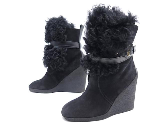 NEUF CHAUSSURES LOUIS VUITTON TEDDY WEDGE 38.5 BOOTS FOURREES COMPENSES Suede Noir  ref.418662