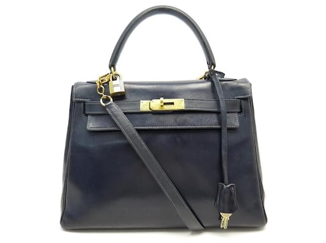 Hermès VINTAGE HERMES KELLY HANDTASCHE 28 BLUE BAG LEDERBOX SCHULTERRÜCKGABE Marineblau  ref.418715