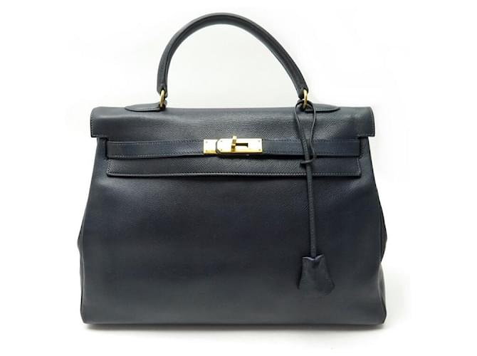 Hermès Kelly handbag 35 IN NAVY BLUE SEED LEATHER BLUE LEATHER HANDBAG  ref.418790