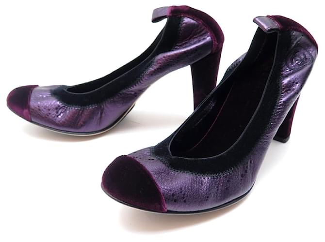 NEUF CHAUSSURES CHANEL BALLERINES A TALONS G26644 38.5 CUIR & VELOURS SHOES Violet  ref.418877
