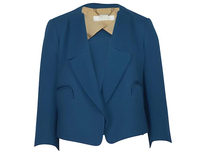 Chloé Cropped Blazer in Blue Wool Crepe  ref.418908