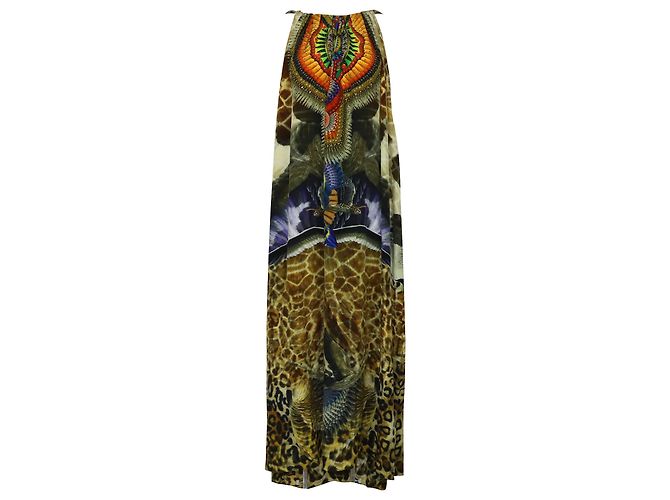 Maxi caftano Camilla con stampa leopardata e aquila in seta multicolore