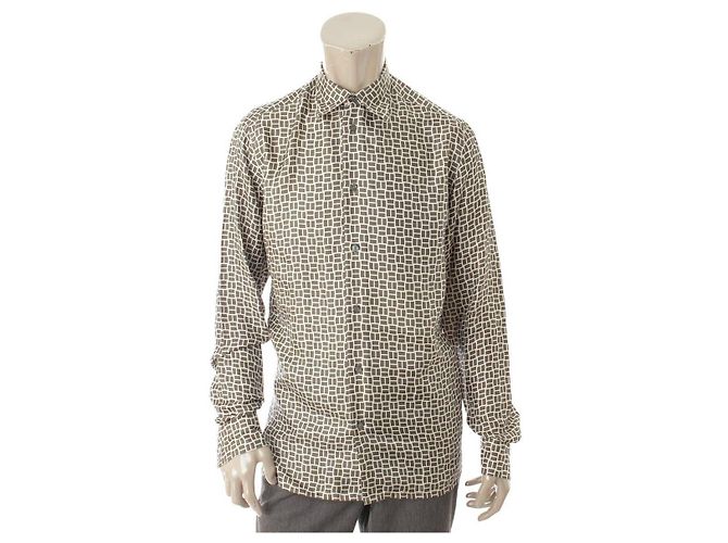 Hermès [Gebraucht] Hermes Herren Serie Button H Logo Muster Hemdbluse Khaki 14 1/2 37