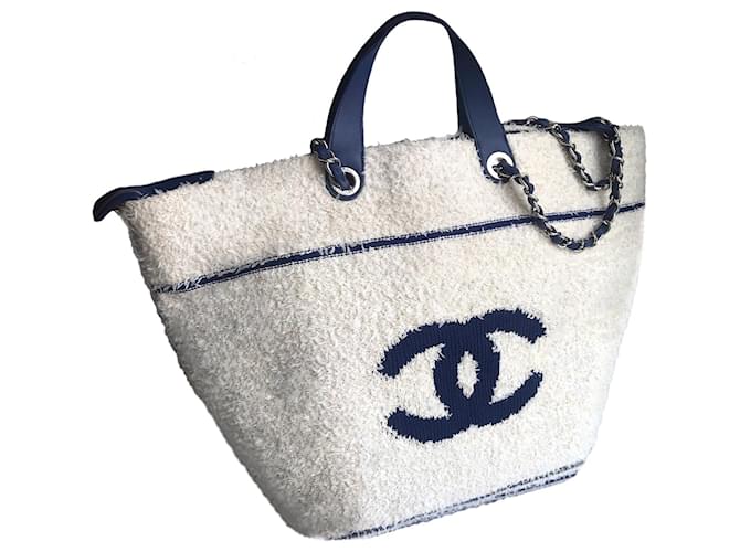 Chanel iconic 2019 Venise Biarritz Terry Tote Shopping Bag Blue Beige Cream Navy blue Cotton Tweed  ref.419649