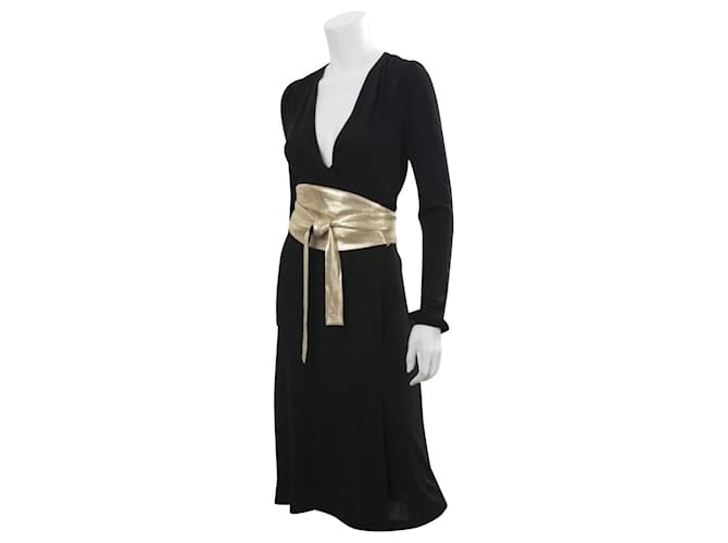 Diane Von Furstenberg Vintage DvF Obi dress in black and gold Golden Rayon  ref.419898