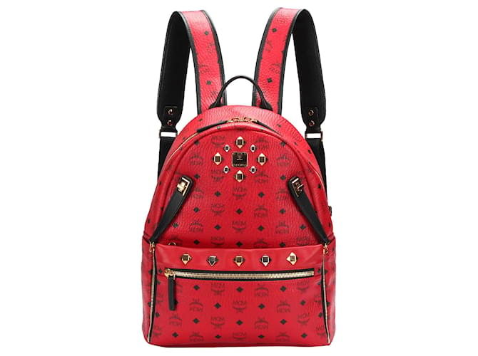 MCM Red Visetos Stark Leather Backpack Black Pony style calfskin