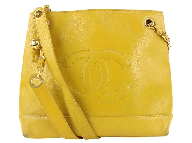 Chanel Mustard Yellow Caviar Leather Timeless CC Chain Tote Bag  ref.420797