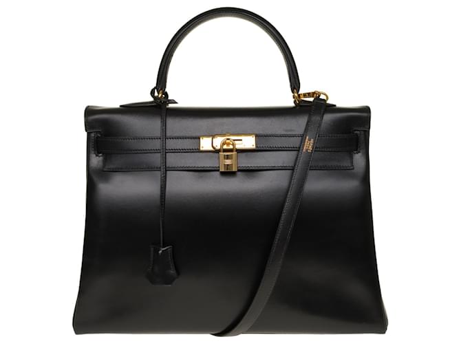 Hermès Bolsa Hermes Kelly excepcional 35 alça de ombro devolvida em caixa de couro preta, guarnição de metal banhado a ouro Preto  ref.421424