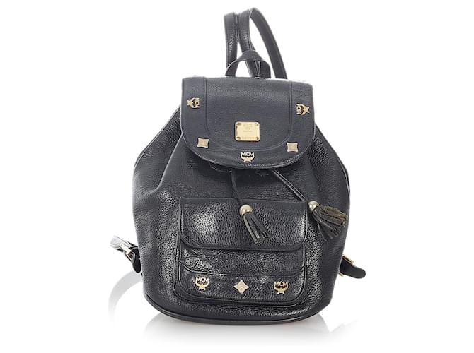 MCM Black Leather Drawstring Backpack Pony-style calfskin  ref.422382