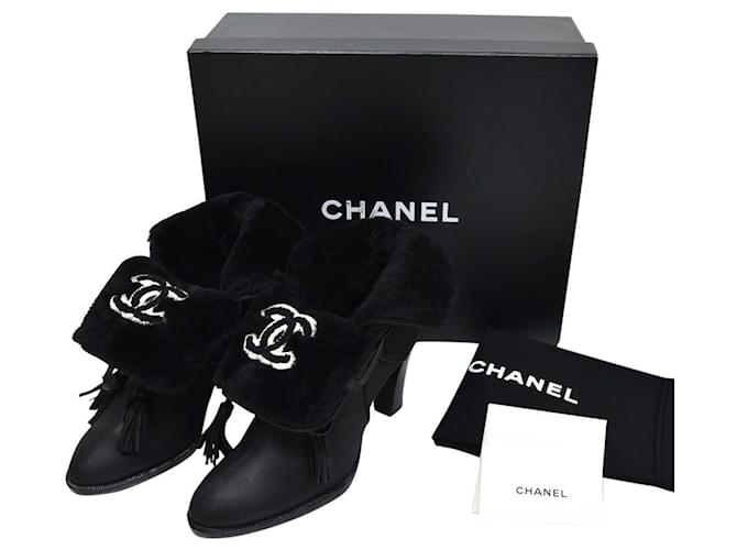 [Usato] CHANEL tacchi alti boa coco mark frangia nera 36 ½ C Nero Pelle  ref.422582