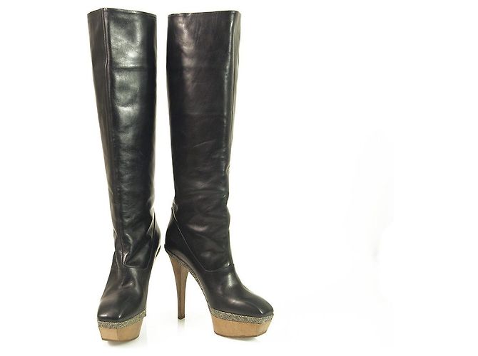 MARNI Black Leather Platform Knee Height Boots Wooden Heels square front 36