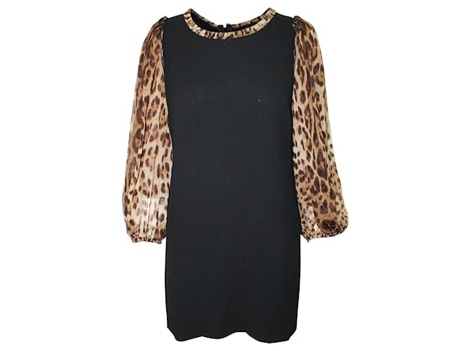 Dolce & Gabbana Robe noire à manches léopard Viscose Fibre de cellulose  ref.422884
