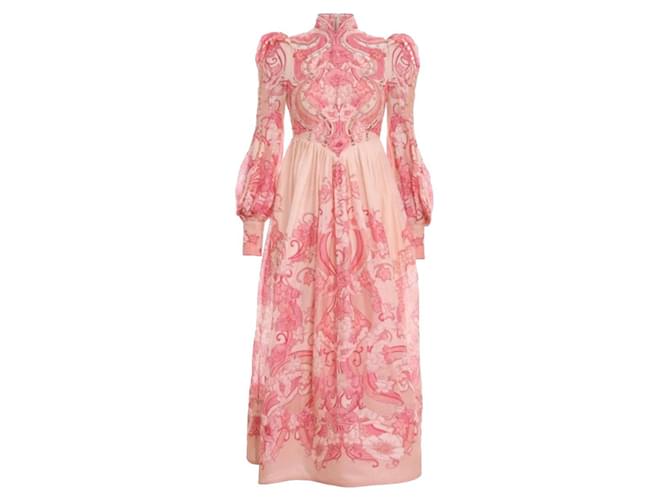 Zimmermann The Concert Poppy Midi Dress in Pink Nouveau Red Beige Peach Silk Linen  ref.423241