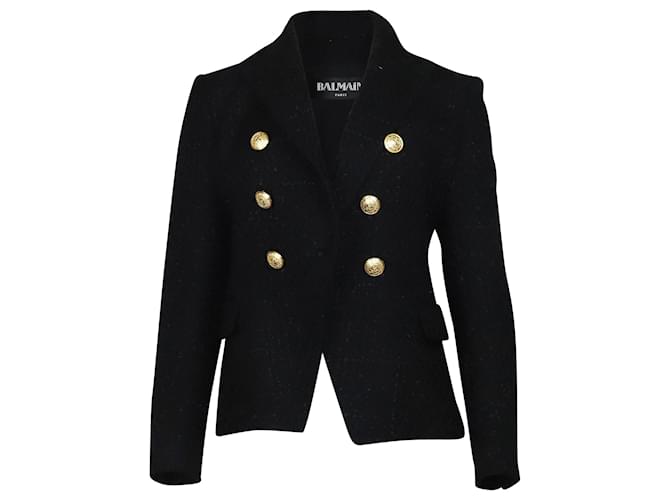 Balmain lined Breasted Blazer with Gold Buttons in Black Cotton  ref.423632