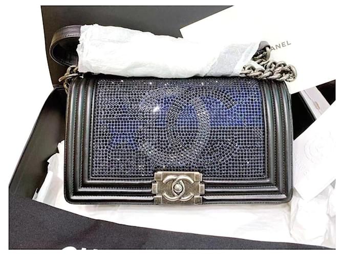 Rare Chanel CC crystal studded boy bag Black Dark blue Leather  ref.423931