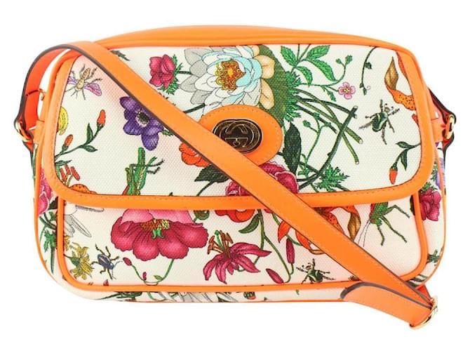 Gucci Neon Orange White Flora Floral Crossbody Bag Leather  -  Joli Closet