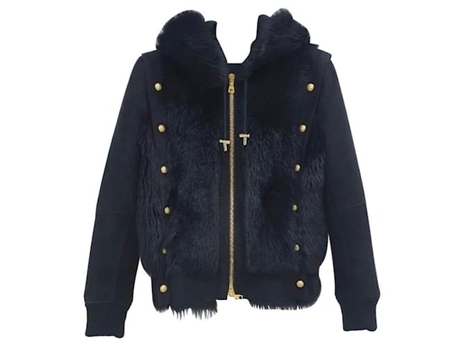 Balmain Button-Embellished Shearling Hooded Jacket Black Leather Fur  ref.425185