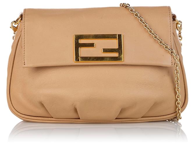 FENDI Baguette Leather Chain Shoulder Bag Light Beige