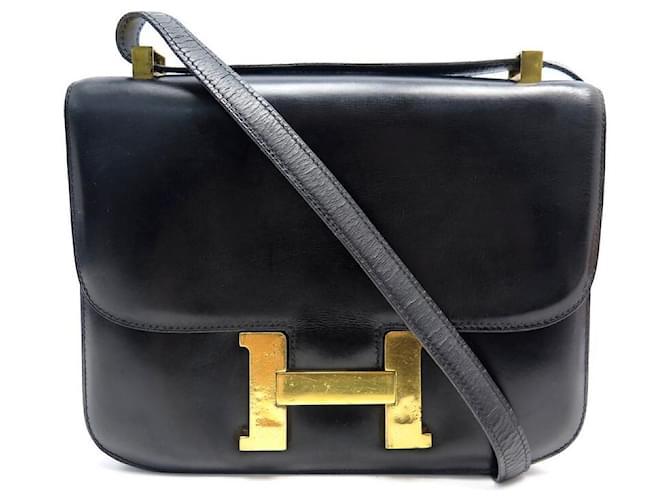 Hermès VINTAGE HERMES CONSTANCE HANDTASCHE IN BLACK BOX LEDERSCHNALLE H HANDTASCHE Schwarz  ref.426581